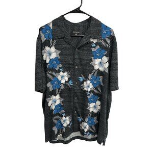 George Floral Button Front Short Sleeve Hawaiian Shirt Gray Blue Sz Large Beach